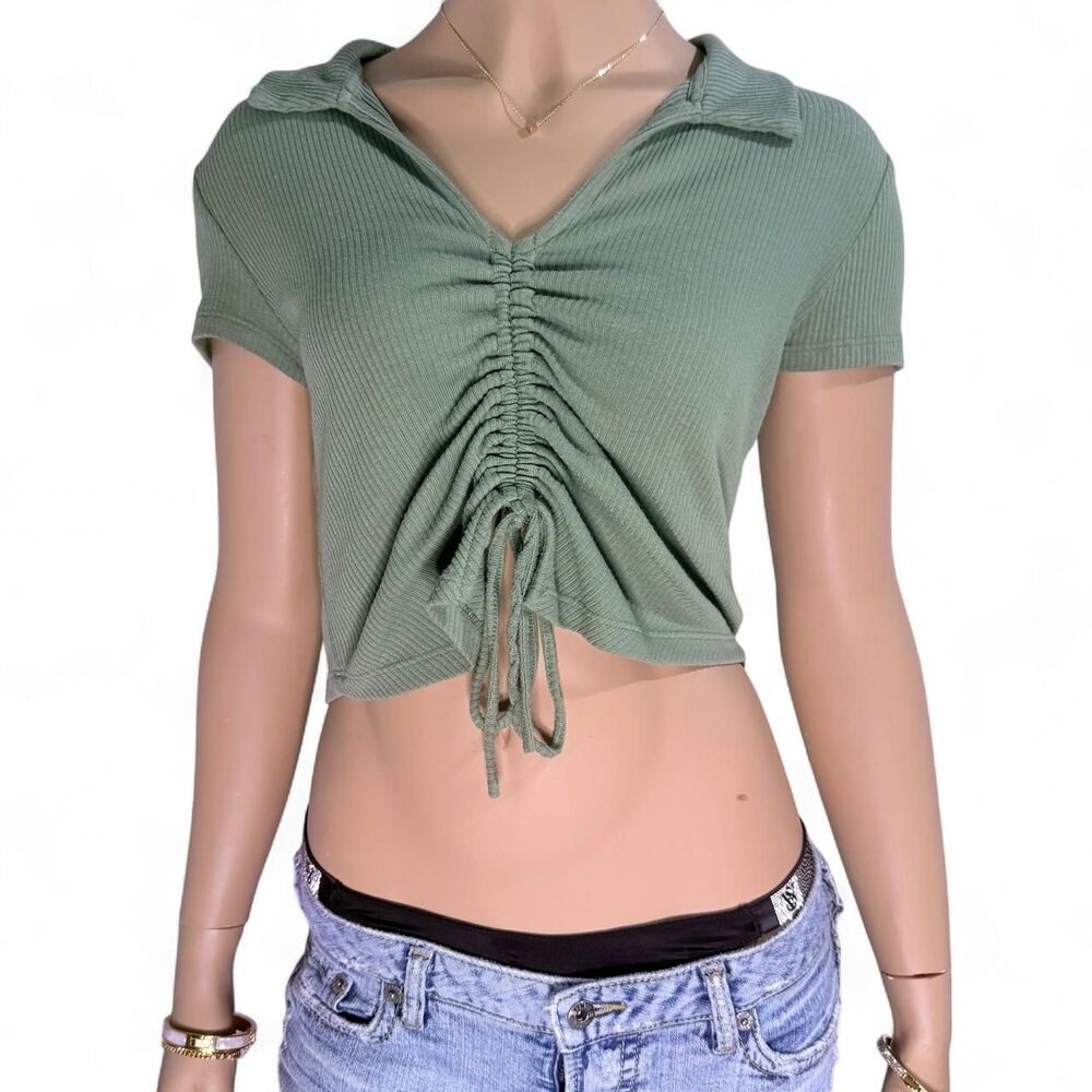RSB Sage Green Ribbed Crop Top Womens Medium Collared V Neck Ruched Drawstring